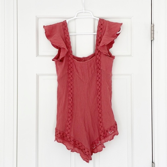 FREE PEOPLE romper size M orange sleeveless ruffles shorts bodysuit - Picture 2 of 4